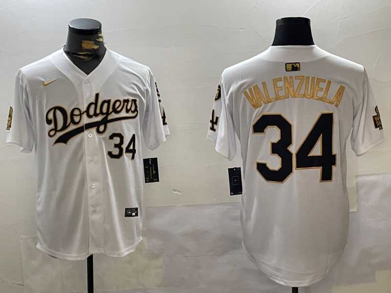 Men%27s Los Angeles Dodgers #34 Toro Valenzuela White Gold 2024 World Series With Fernando Memorial Patch Limited Stitched Jerseys